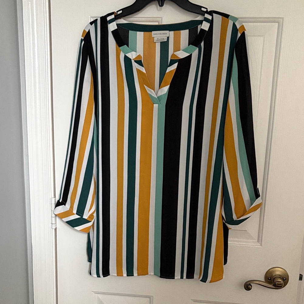 Anne Klein Striped Blouse with Black, White, Green, and Gold